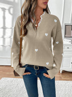 Women's Knit Jumper with Heart Print and Lace V Neckline
