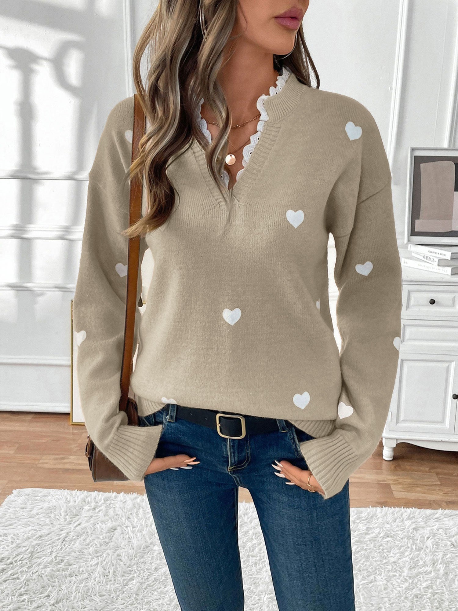 Women's Knit Jumper with Heart Print and Lace V Neckline