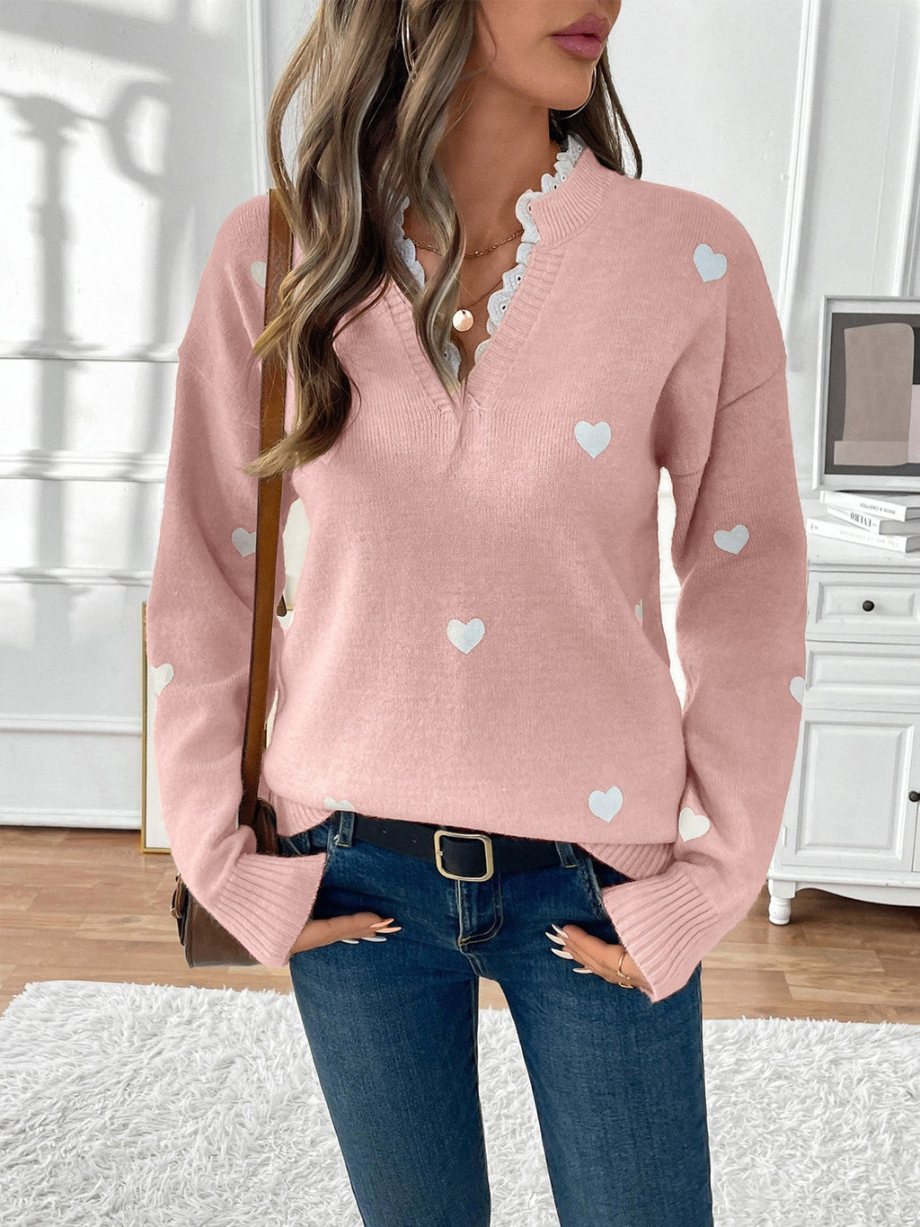 Women's Knit Jumper with Heart Print and Lace V Neckline