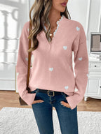 Women's Knit Jumper with Heart Print and Lace V Neckline