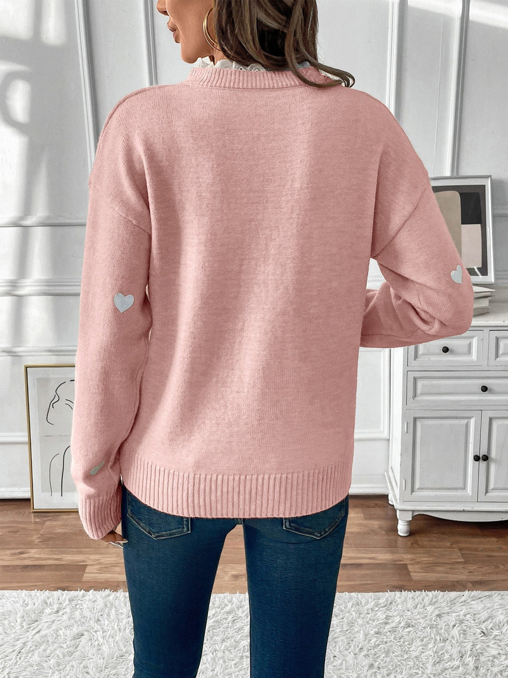 Women's Knit Jumper with Heart Print and Lace V Neckline