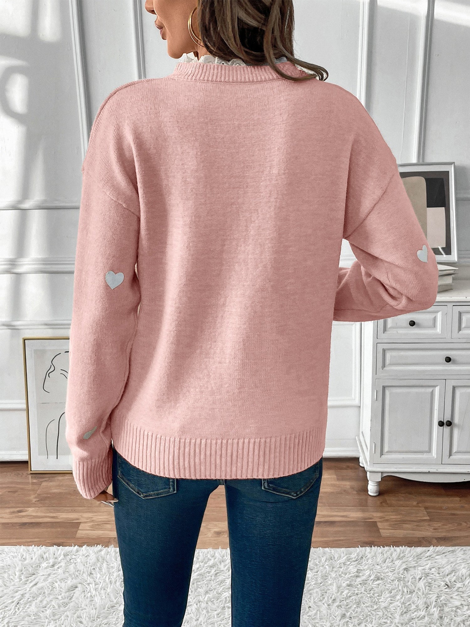 Women's Knit Jumper with Heart Print and Lace V Neckline