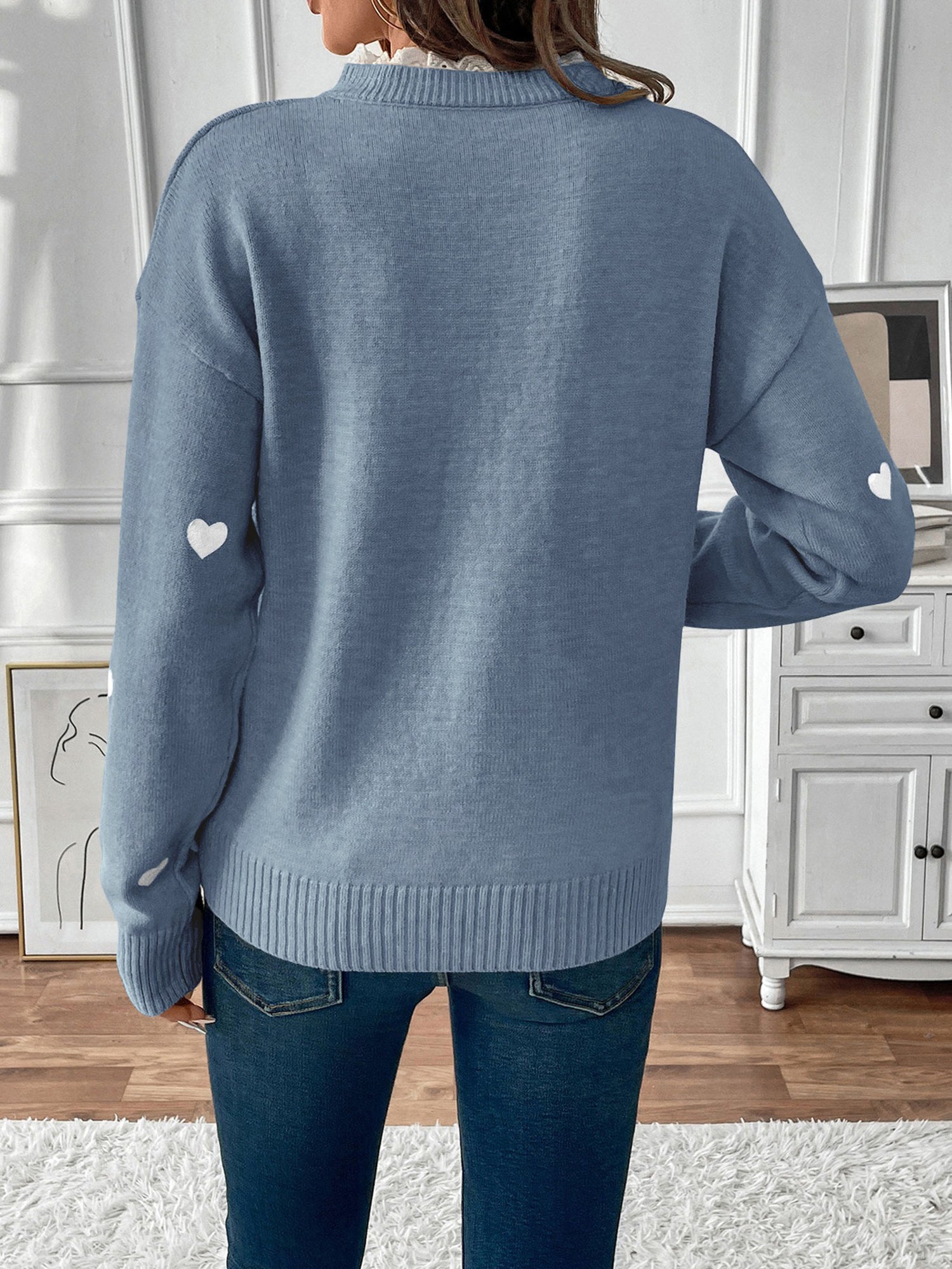 Women's Knit Jumper with Heart Print and Lace V Neckline