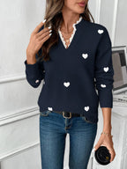Women's Knit Jumper with Heart Print and Lace V Neckline