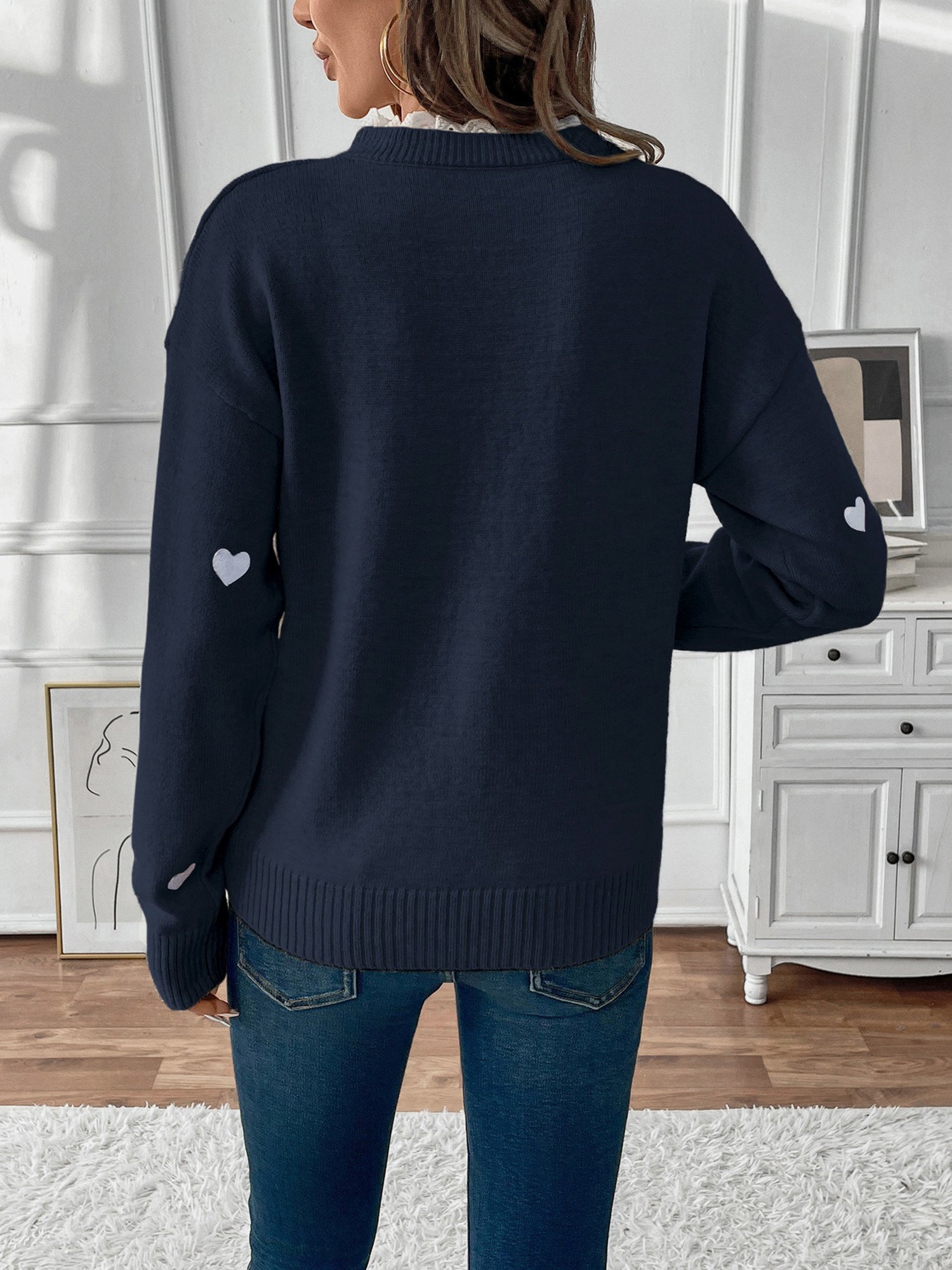 Women's Knit Jumper with Heart Print and Lace V Neckline