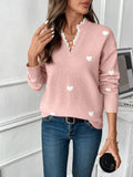 Women's Knit Jumper with Heart Print and Lace V Neckline