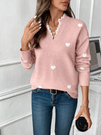 Women's Knit Jumper with Heart Print and Lace V Neckline