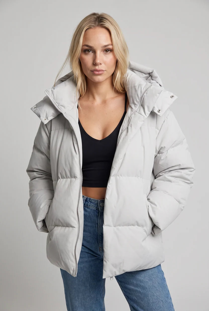 Women's Oversized Padded Puffer Jacket with Detachable Hood and Pockets in Light Grey – Front View