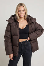 Women's Oversized Padded Puffer Jacket with Detachable Hood and Pockets in Dark Brown – Front View
