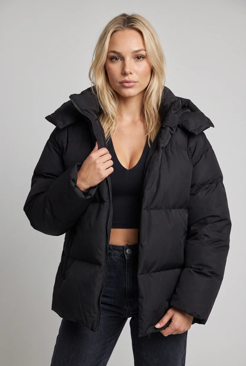 Women's Oversized Padded Puffer Jacket with Detachable Hood and Pockets in Black – Front View