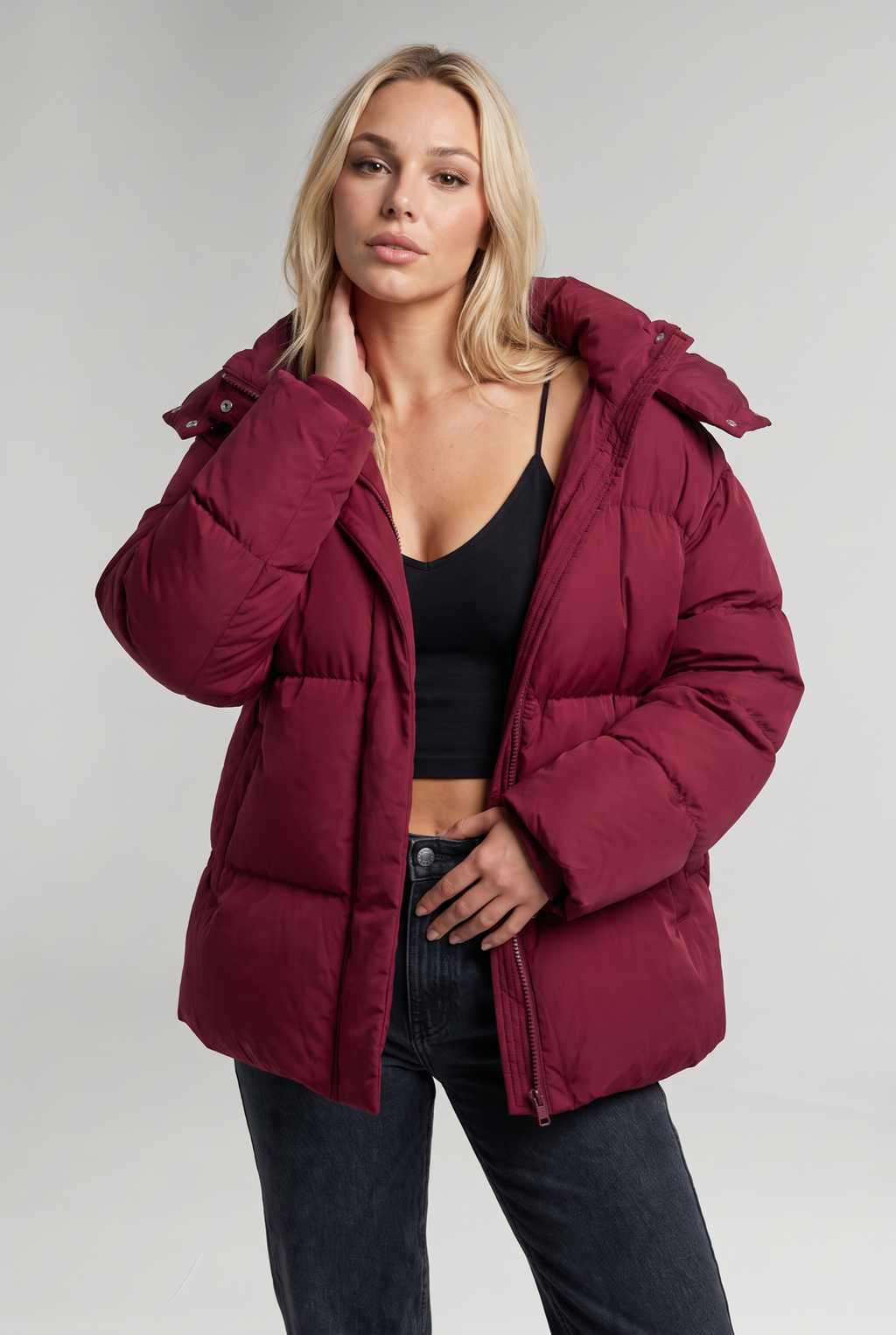 Women's Oversized Padded Puffer Jacket with Detachable Hood and Pockets in Burgundy – Front View