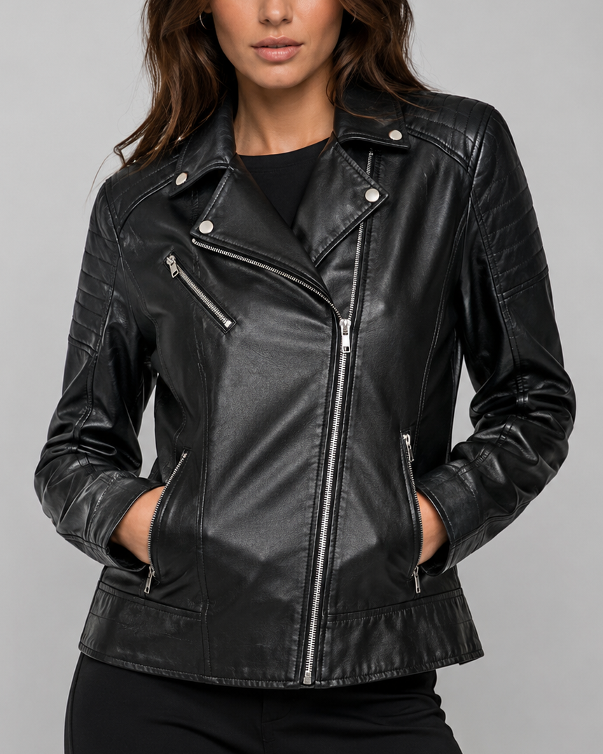 Women's Asymmetric Zip Up Faux Leather Biker Jacket