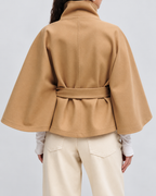 Women's Belted Cape Coat with High Collar and Button Front