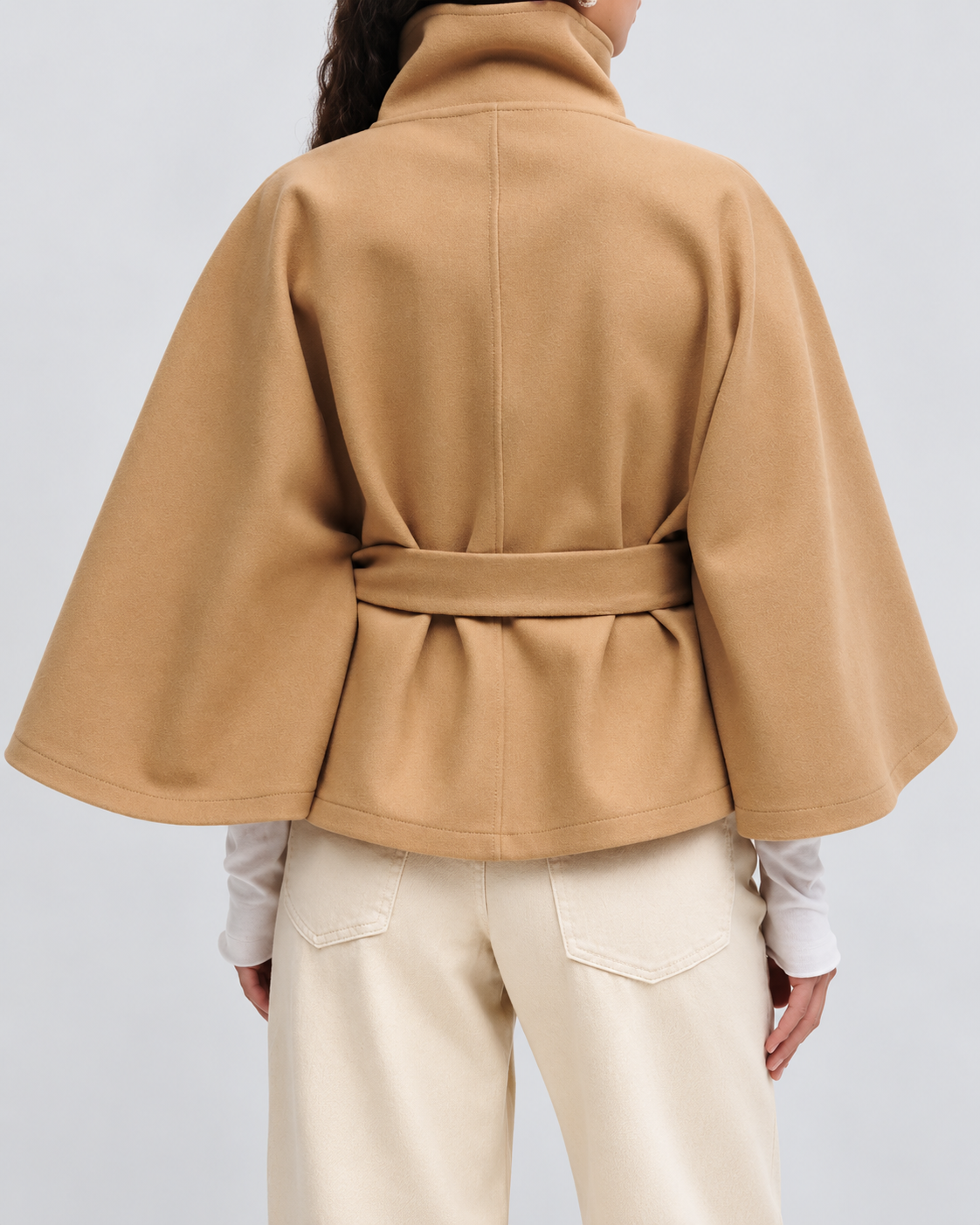 Women's Belted Cape Coat with High Collar and Button Front
