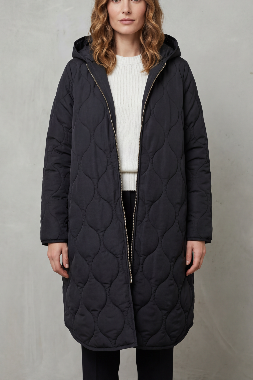 Women's Longline Hooded Quilted Coat with Zip Front