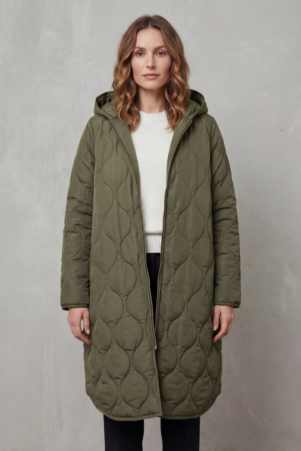 Women's Longline Hooded Quilted Coat with Zip Front