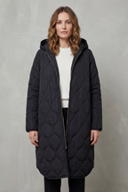Women's Longline Hooded Quilted Coat with Zip Front