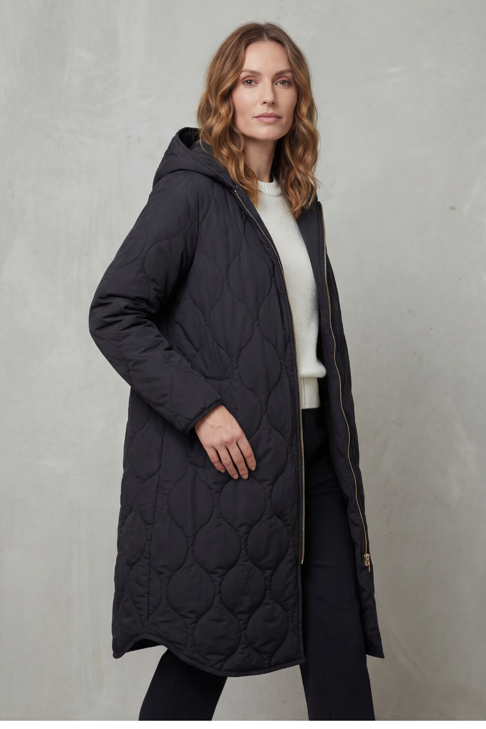 Women's Longline Hooded Quilted Coat with Zip Front
