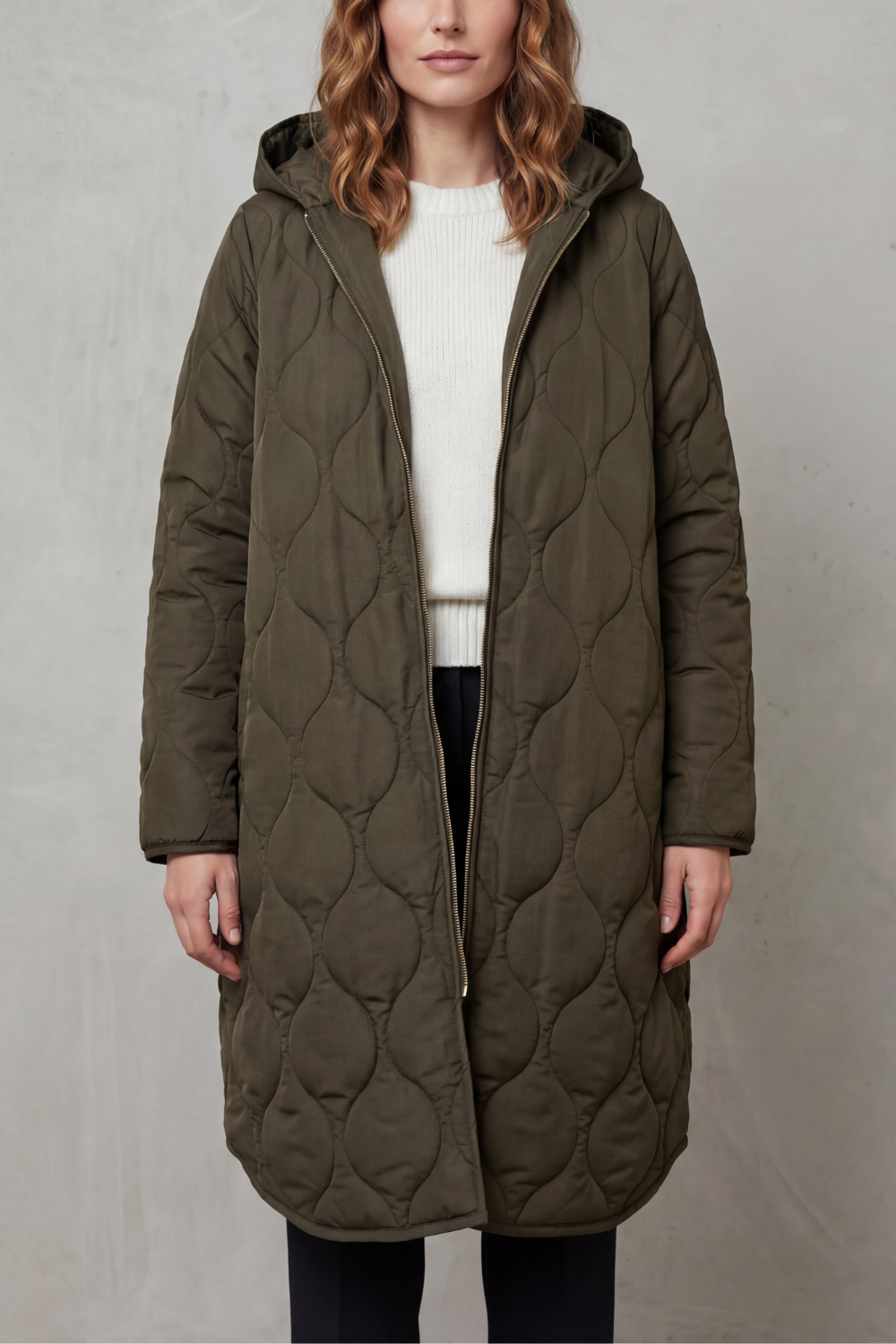 Women's Longline Hooded Quilted Coat with Zip Front
