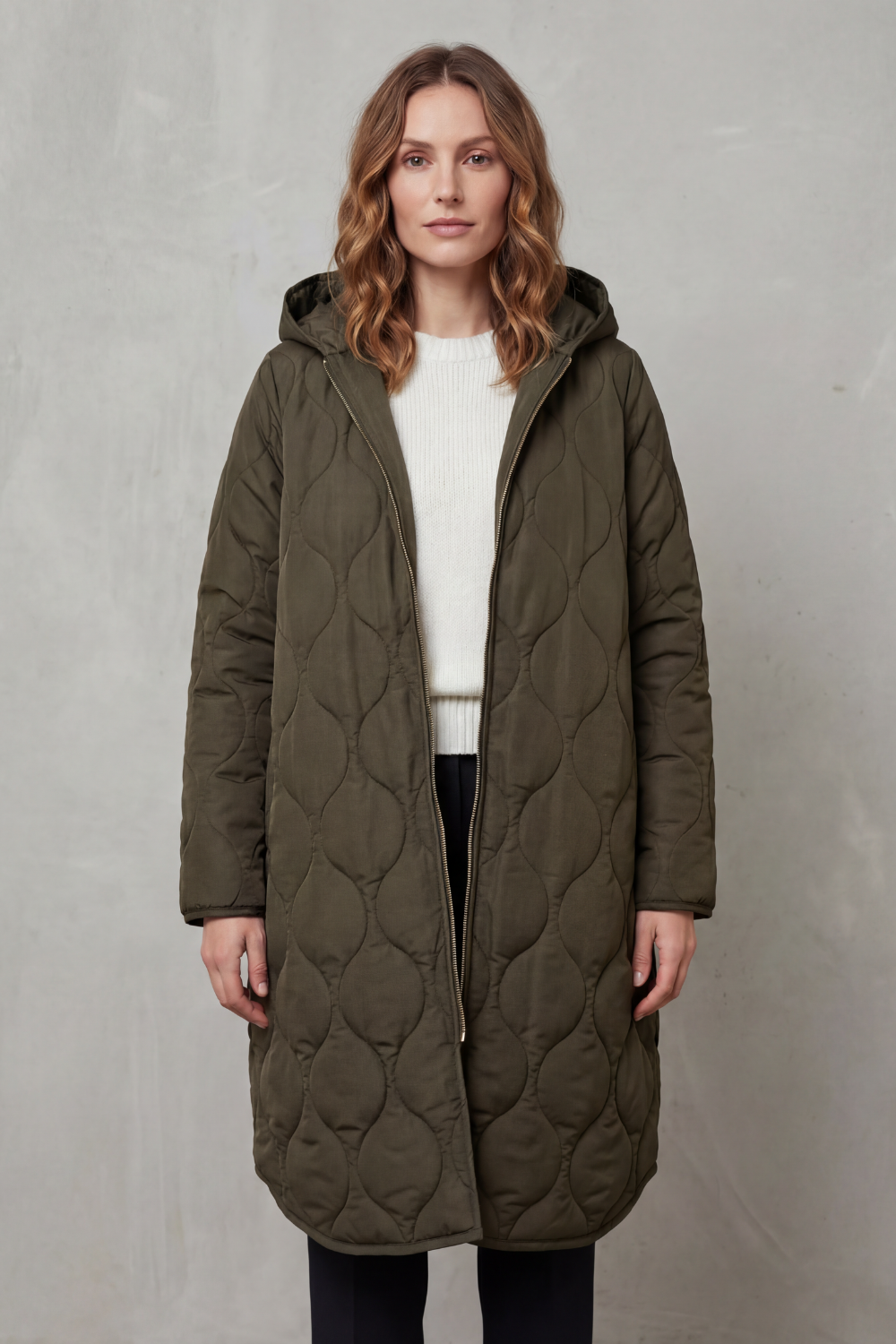 Women's Longline Hooded Quilted Coat with Zip Front