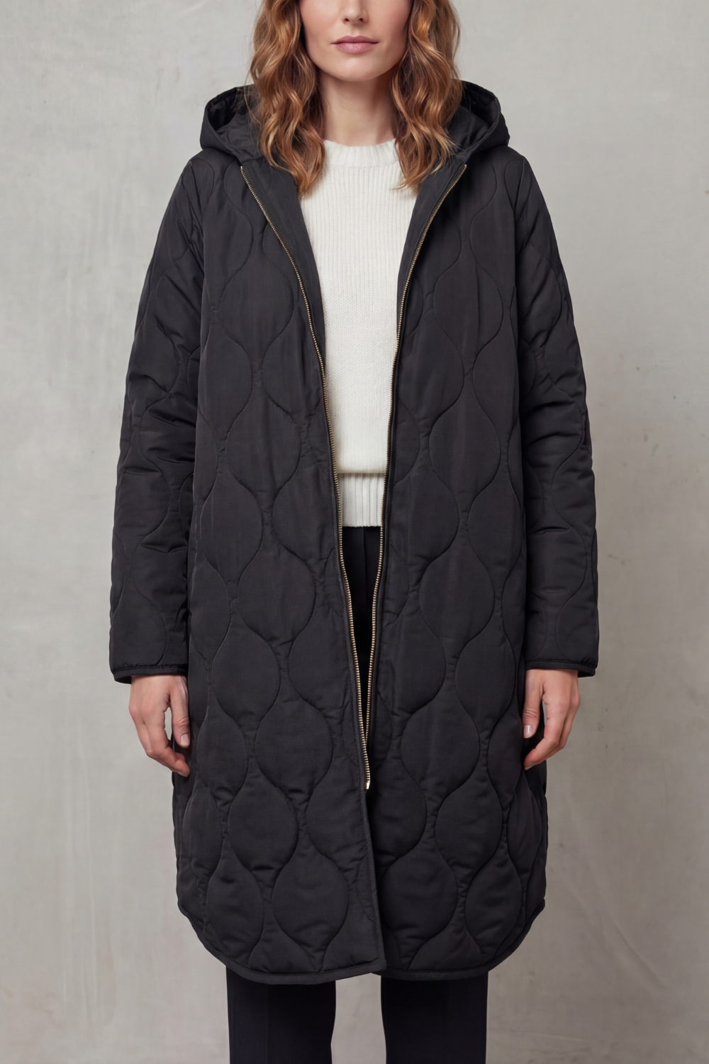 Women's Longline Hooded Quilted Coat with Zip Front