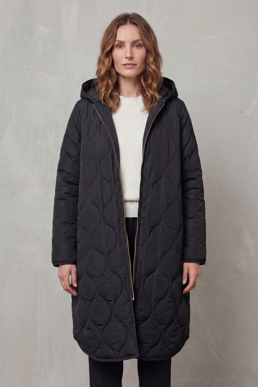 Women's Longline Hooded Quilted Coat with Zip Front