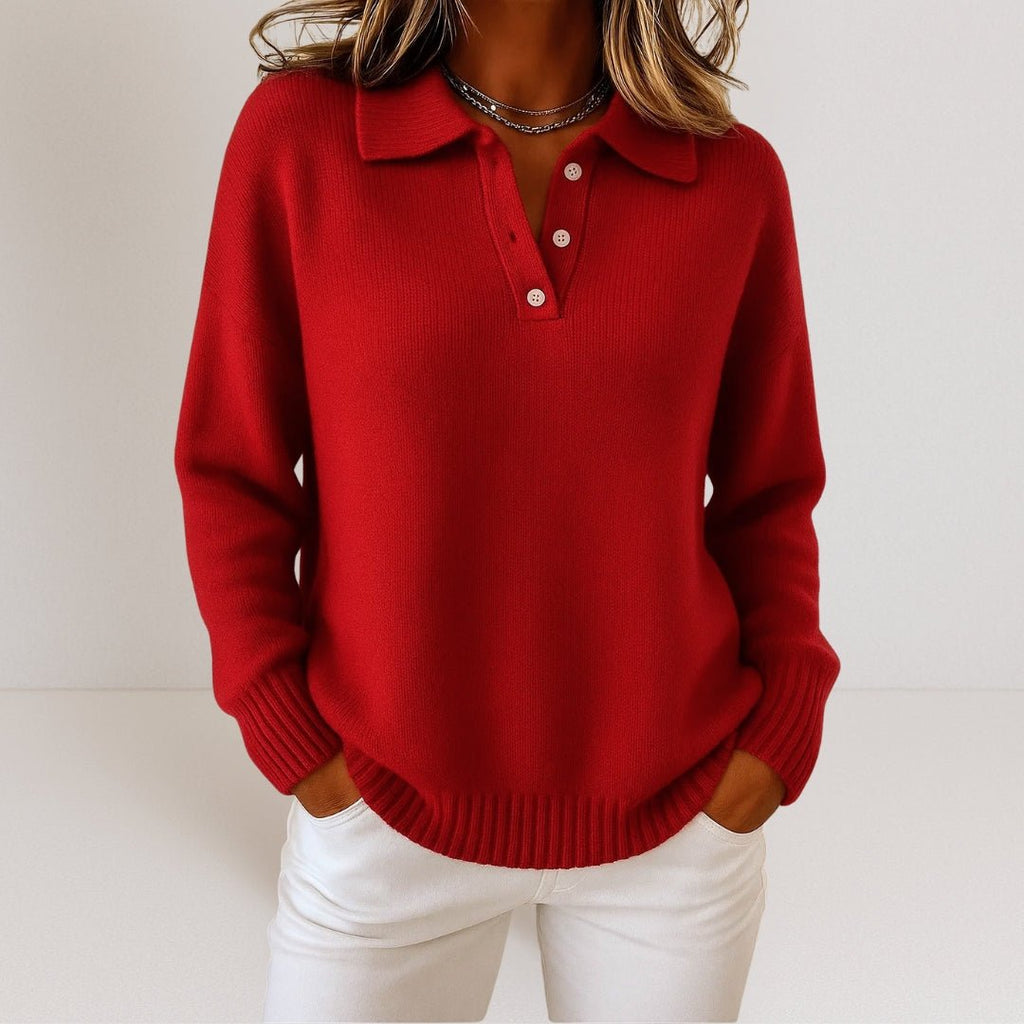Women's Knit Jumper with Polo Collar and Button Placket