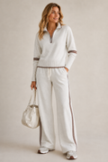 Women's knitted two piece set with a quarter zip jumper and wide leg trousers