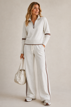Women's knitted two piece set with a quarter zip jumper and wide leg trousers