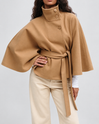 Women's Belted Cape Coat with High Collar and Button Front