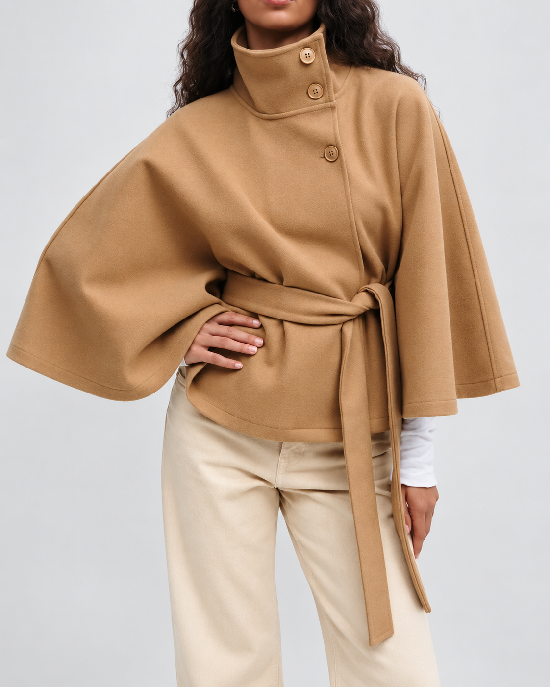 Women's Belted Cape Coat with High Collar and Button Front