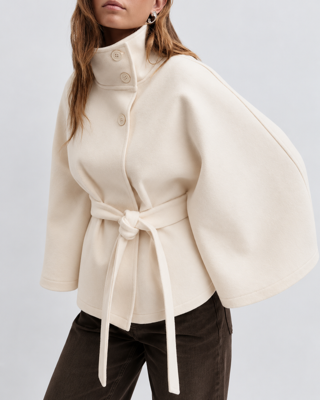 Women's Belted Cape Coat with High Collar and Button Front