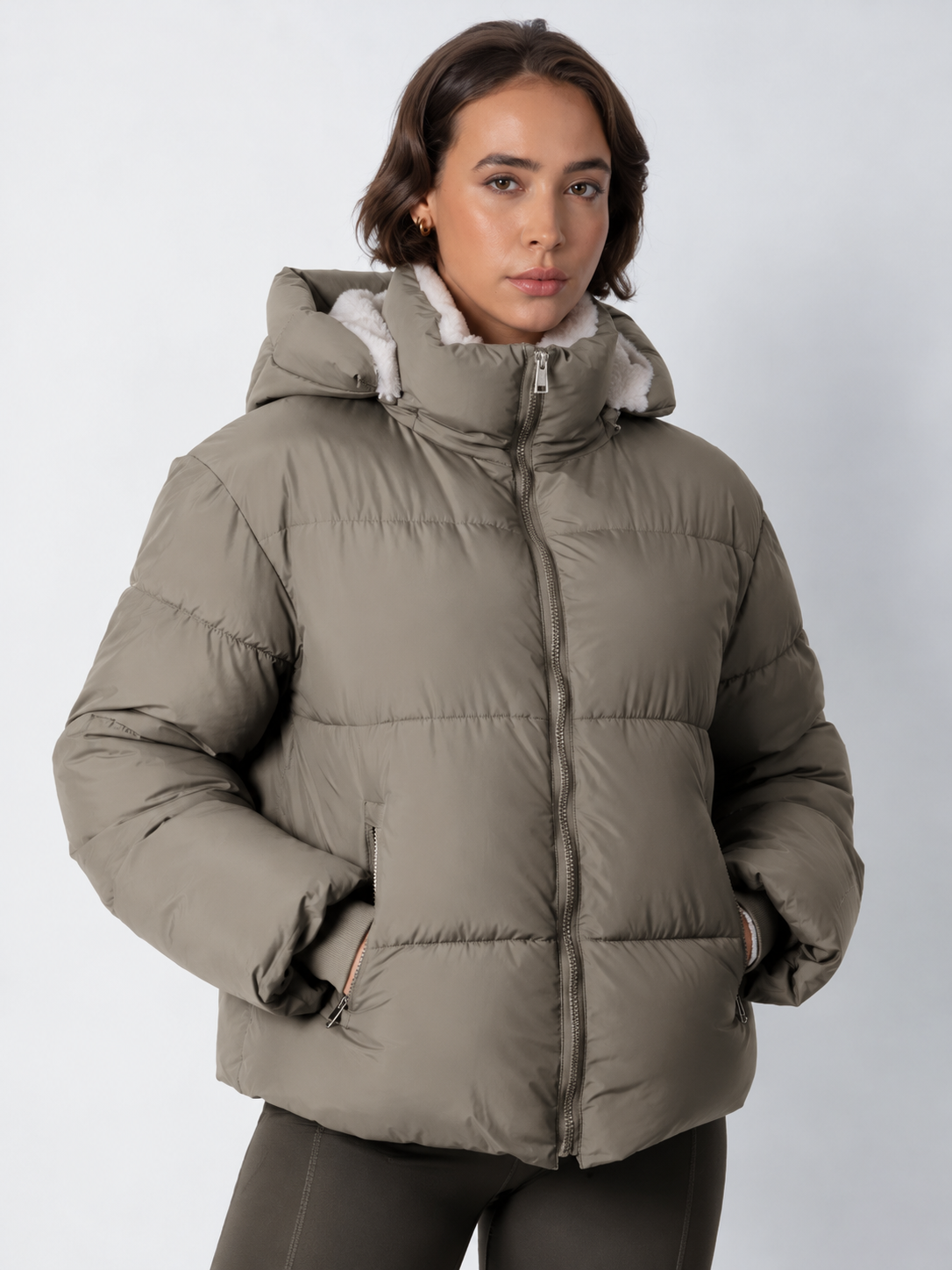 Women's Padded Hooded Puffer Jacket with Fleece Lining and Pockets