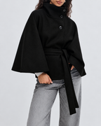 Women's Belted Cape Coat with High Collar and Button Front