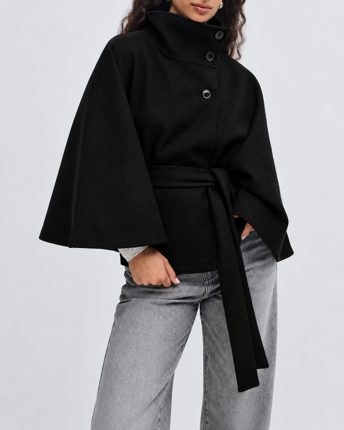 Women's Belted Cape Coat with High Collar and Button Front