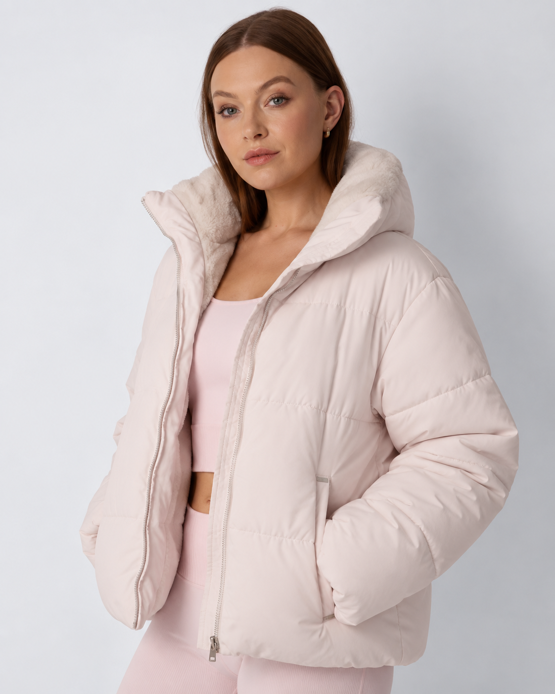 Women's Padded Hooded Puffer Jacket with Fleece Lining and Pockets