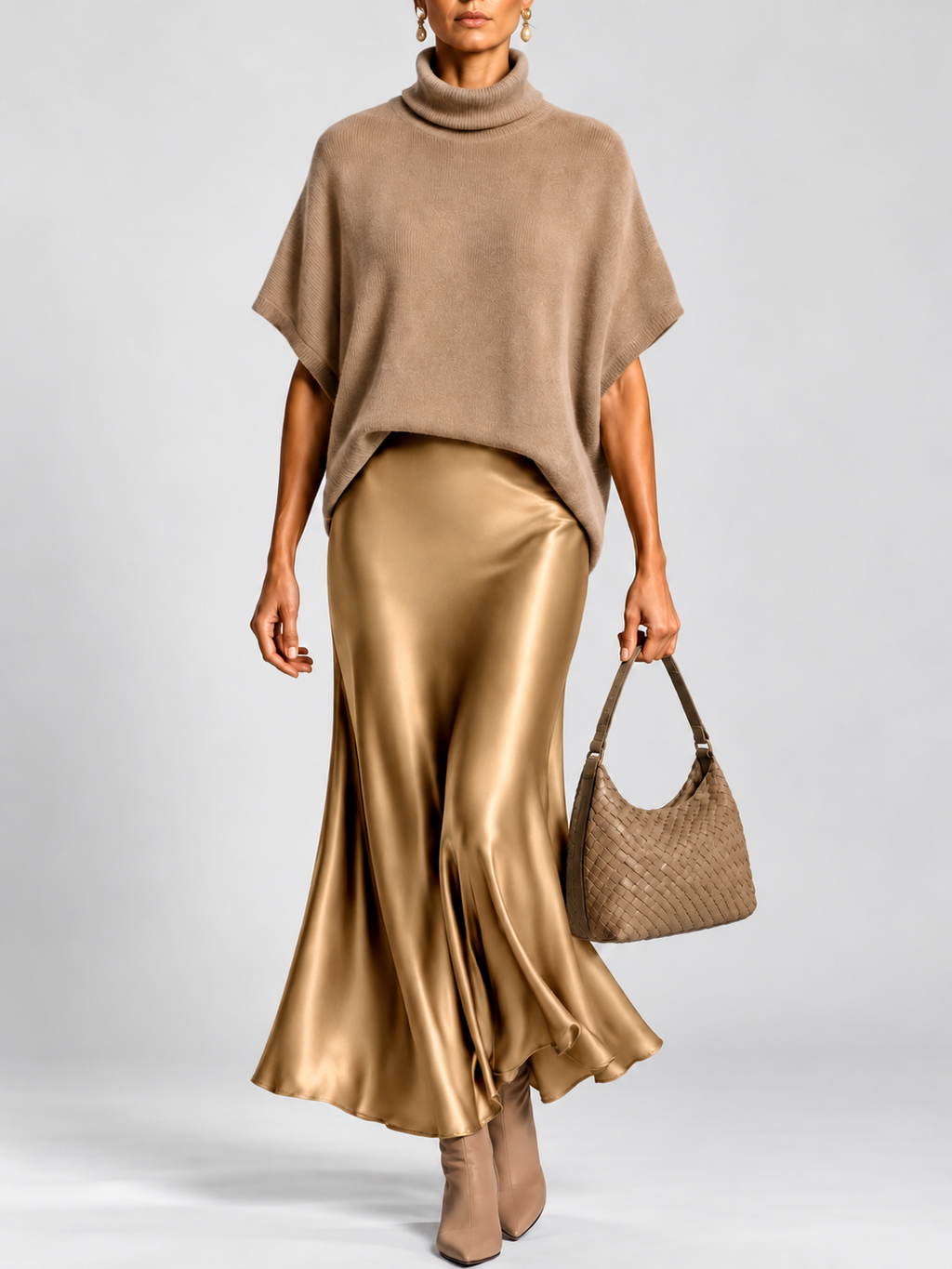 Women's Turtleneck Knit Top and Satin Maxi Skirt Co-Ord Set
