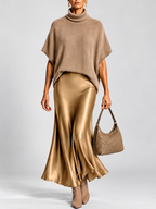 Women's Turtleneck Knit Top and Satin Maxi Skirt Co-Ord Set