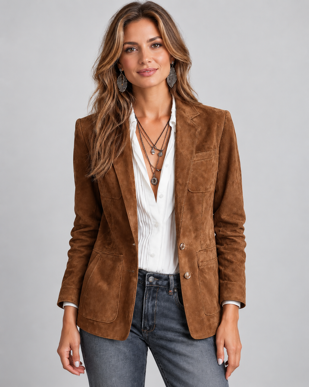 Women's Brown Suede Style Blazer with Notch Lapel and Chest Pocket