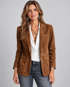 Women's Brown Suede Style Blazer with Notch Lapel and Chest Pocket