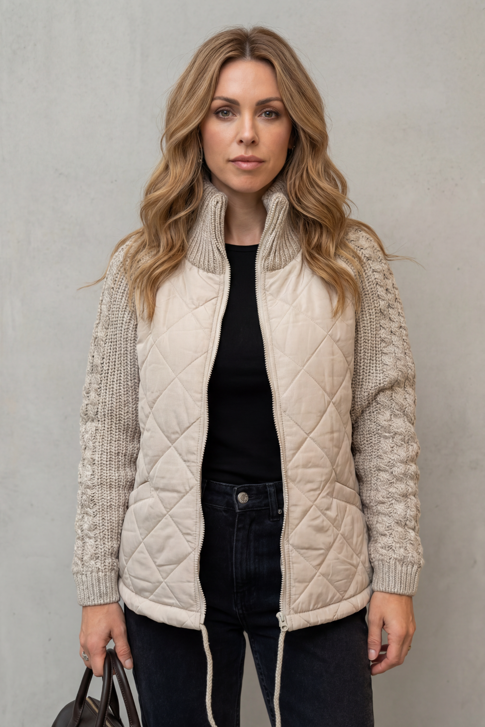 Women's Quilted Jacket with Cable Knit Sleeves and Zip Front