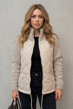 Women's Quilted Jacket with Cable Knit Sleeves and Zip Front
