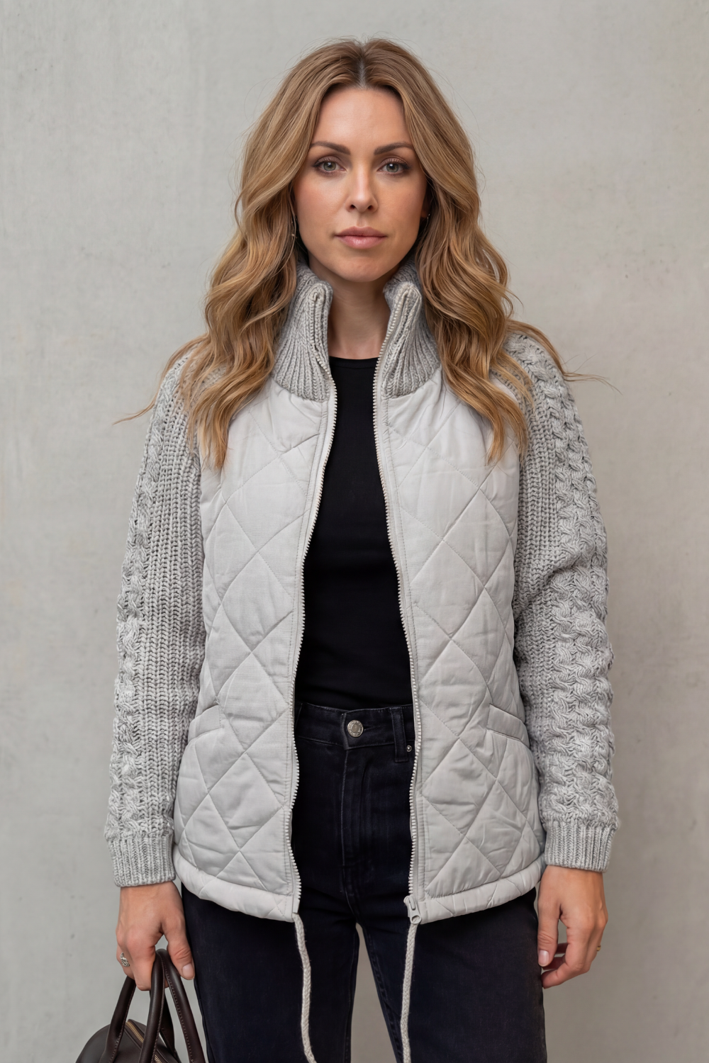 Women's Quilted Jacket with Cable Knit Sleeves and Zip Front