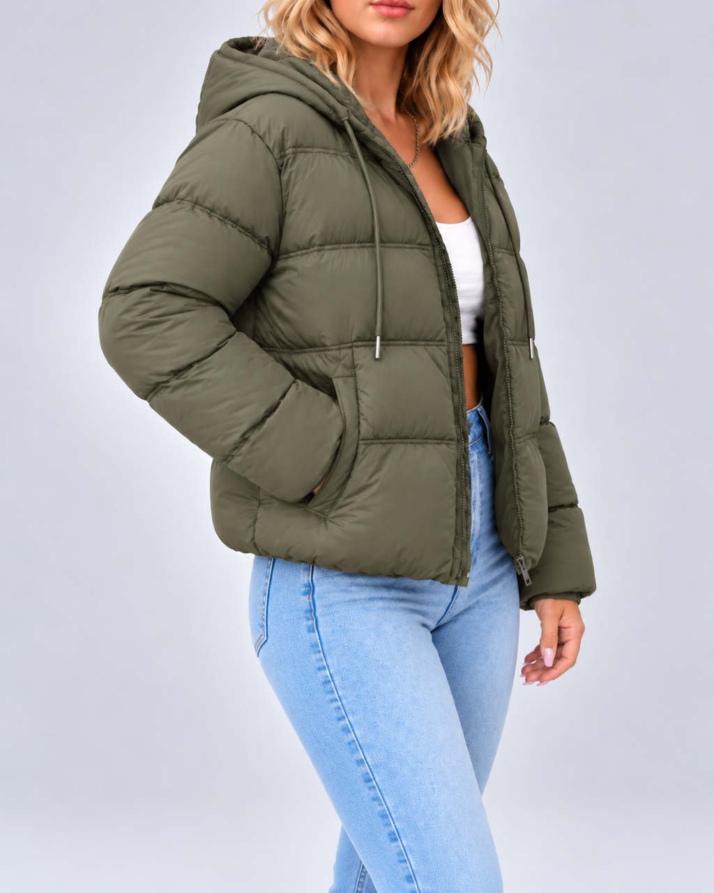 Women's Cotton Padded Hooded Puffer Jacket with Zip Front and Pockets