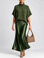 Women's Turtleneck Knit Top and Satin Maxi Skirt Co-Ord Set