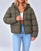 Women's Cotton Padded Hooded Puffer Jacket with Zip Front and Pockets