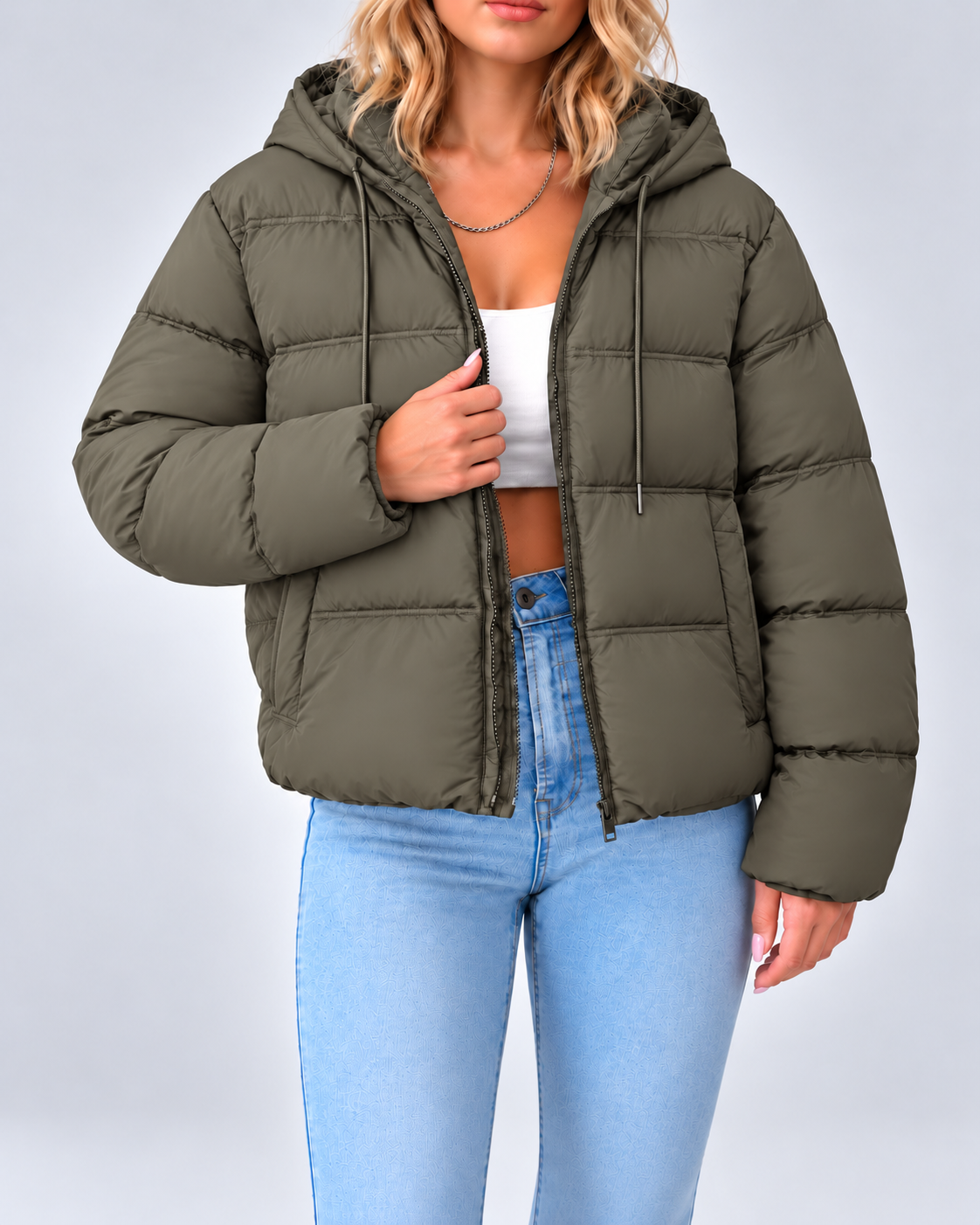 Women's Cotton Padded Hooded Puffer Jacket with Zip Front and Pockets