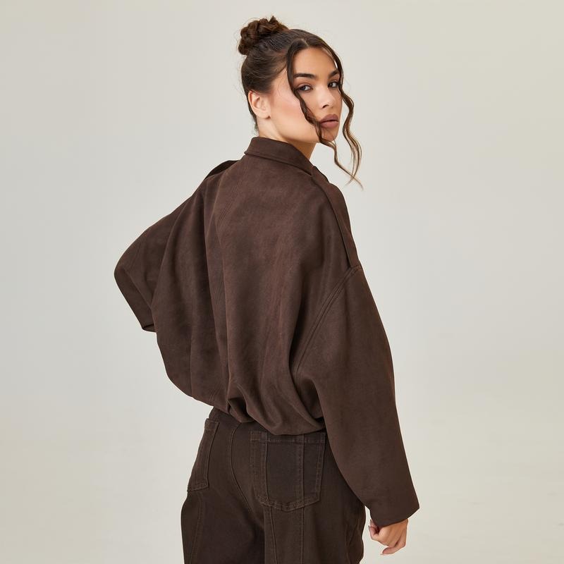 Women's Oversized Cropped Suede Style Jacket with Zip Front and Collar