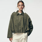 Women's Oversized Cropped Suede Style Jacket with Zip Front and Collar