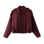 Women's Oversized Cropped Suede Style Jacket with Zip Front and Collar